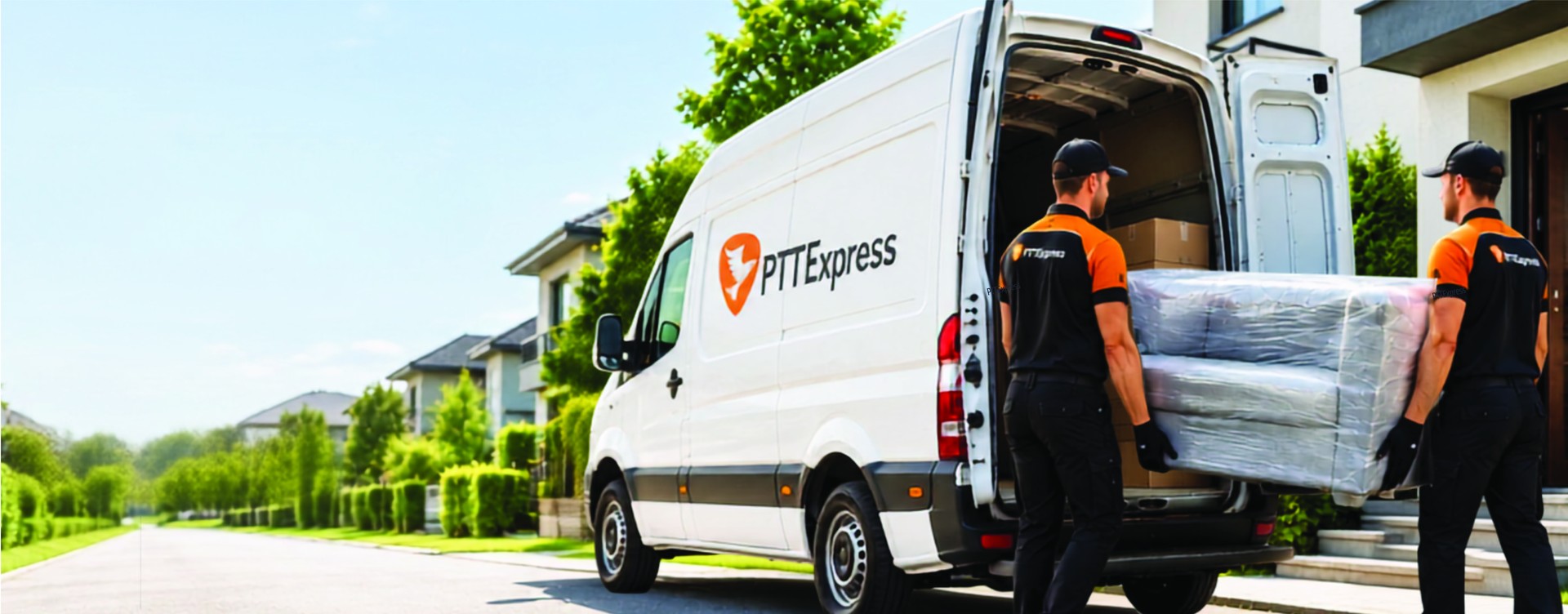 Doi curieri PTT Express livrează un colet voluminos din autoutilitară